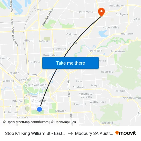 Stop K1 King William St - East side to Modbury SA Australia map
