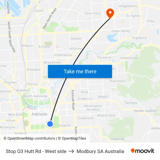 Stop O3 Hutt Rd - West side to Modbury SA Australia map