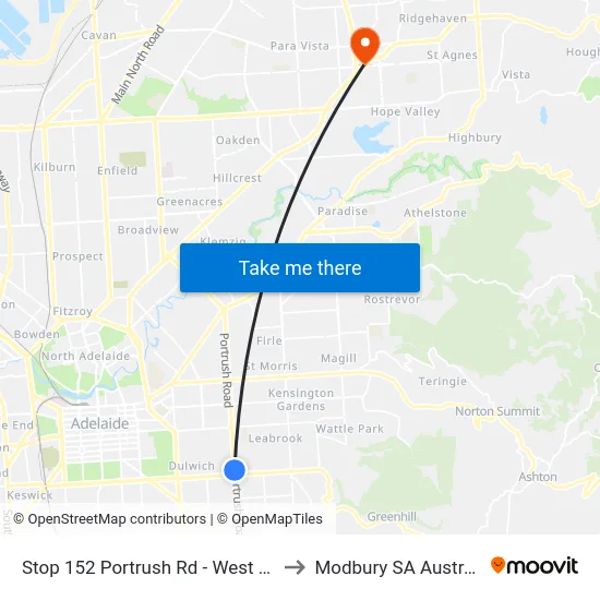 Stop 152 Portrush Rd - West side to Modbury SA Australia map