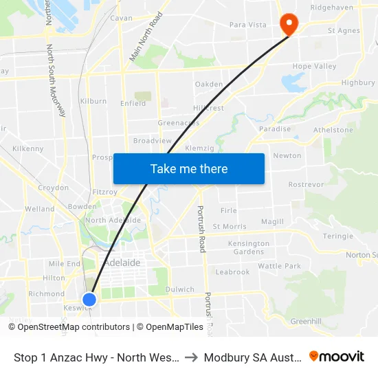Stop 1 Anzac Hwy - North West side to Modbury SA Australia map