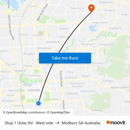 Stop 1 Unley Rd - West side to Modbury SA Australia map