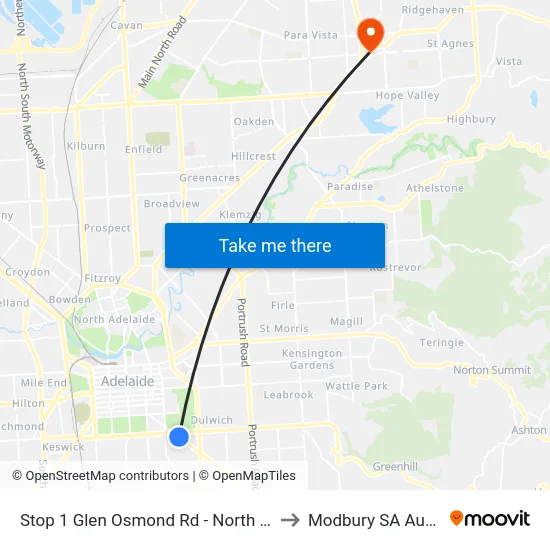 Stop 1 Glen Osmond Rd - North East side to Modbury SA Australia map