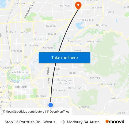 Stop 13 Portrush Rd - West side to Modbury SA Australia map