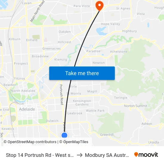 Stop 14 Portrush Rd - West side to Modbury SA Australia map