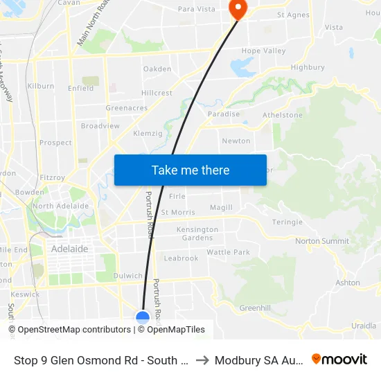Stop 9 Glen Osmond Rd - South West side to Modbury SA Australia map