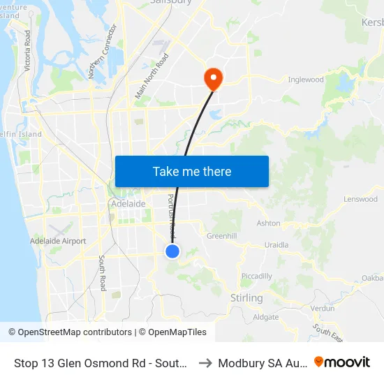 Stop 13 Glen Osmond Rd - South West side to Modbury SA Australia map