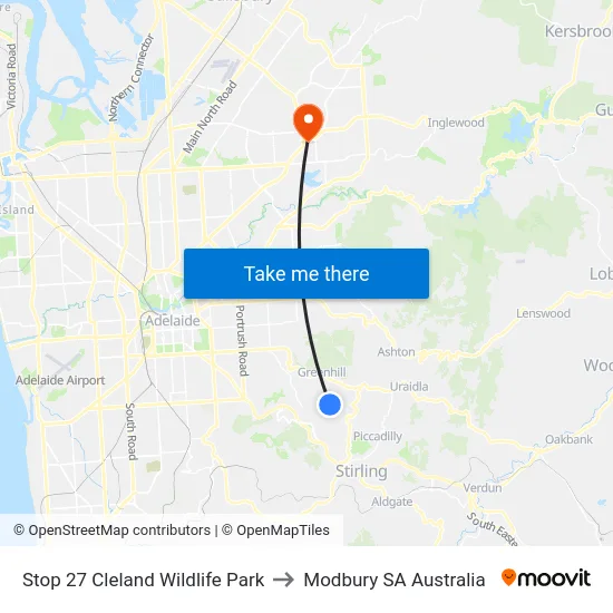 Stop 27 Cleland Wildlife Park to Modbury SA Australia map