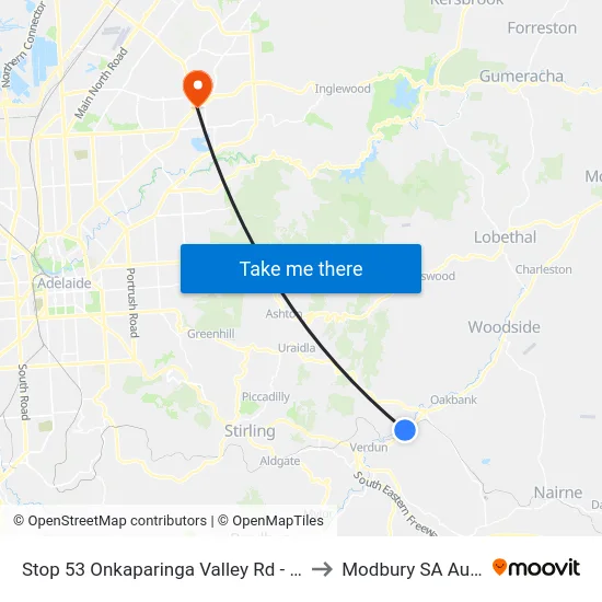 Stop 53 Onkaparinga Valley Rd - South side to Modbury SA Australia map