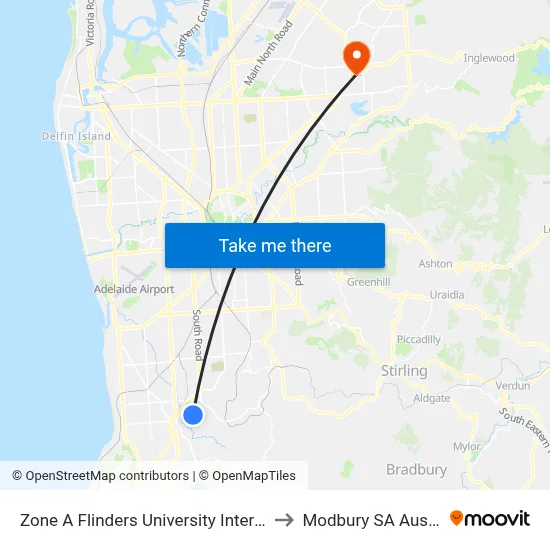 Zone A Flinders University Interchange to Modbury SA Australia map