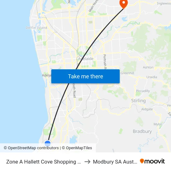 Zone A Hallett Cove Shopping Centre to Modbury SA Australia map