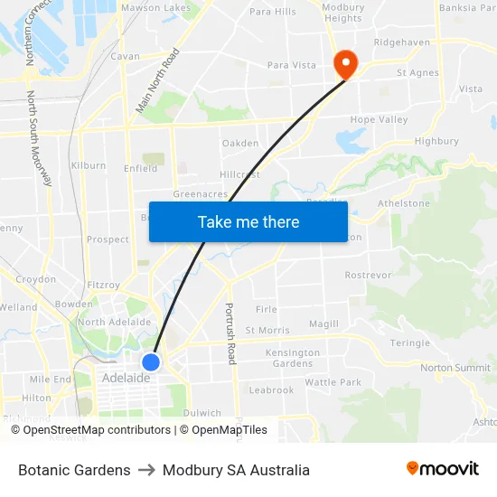 Botanic Gardens to Modbury SA Australia map