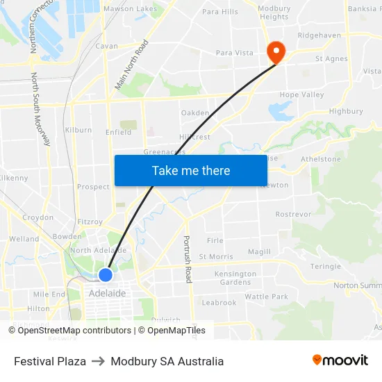 Festival Plaza to Modbury SA Australia map