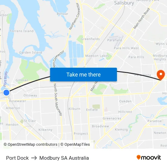 Port Dock to Modbury SA Australia map
