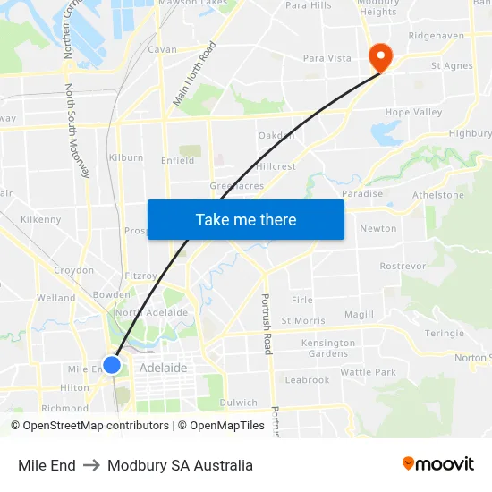 Mile End to Modbury SA Australia map