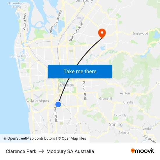 Clarence Park to Modbury SA Australia map