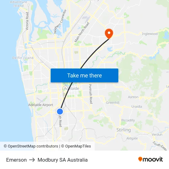 Emerson to Modbury SA Australia map