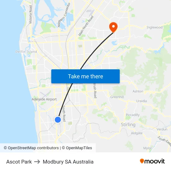 Ascot Park to Modbury SA Australia map