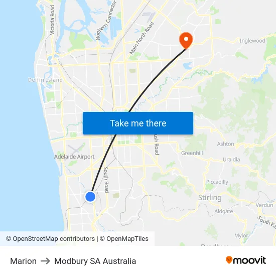 Marion to Modbury SA Australia map