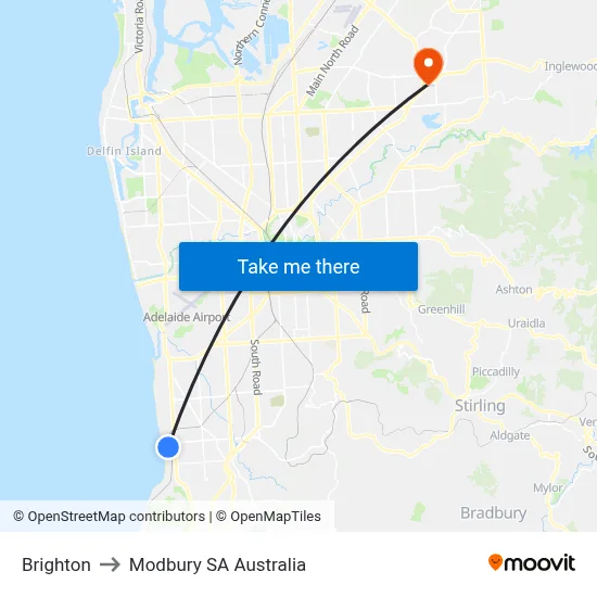 Brighton to Modbury SA Australia map