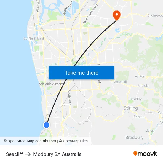 Seacliff to Modbury SA Australia map