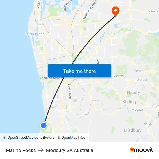 Marino Rocks to Modbury SA Australia map