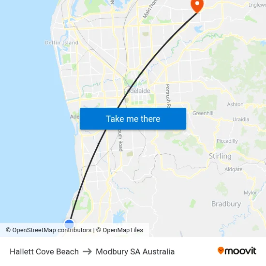 Hallett Cove Beach to Modbury SA Australia map