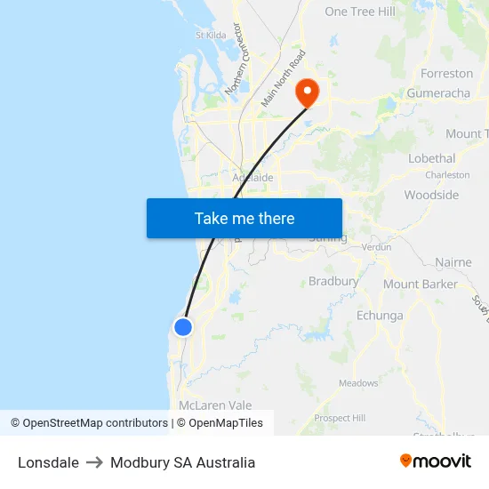 Lonsdale to Modbury SA Australia map