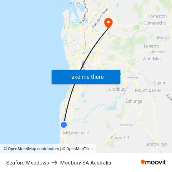 Seaford Meadows to Modbury SA Australia map