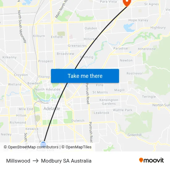 Millswood to Modbury SA Australia map