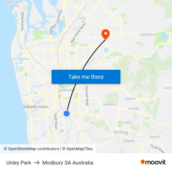 Unley Park to Modbury SA Australia map