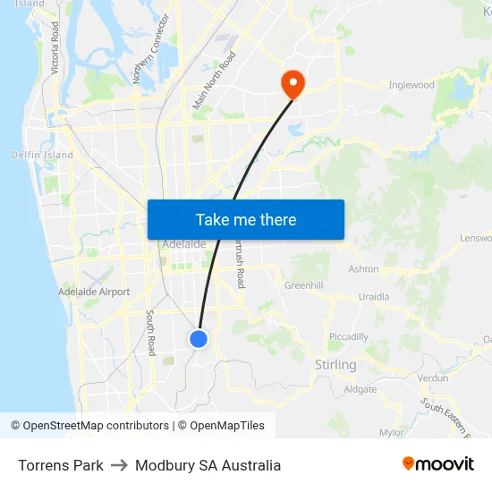 Torrens Park to Modbury SA Australia map