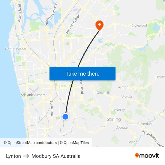 Lynton to Modbury SA Australia map