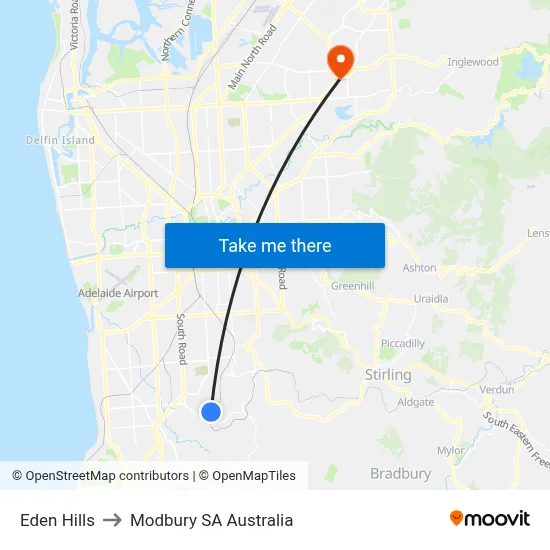 Eden Hills to Modbury SA Australia map