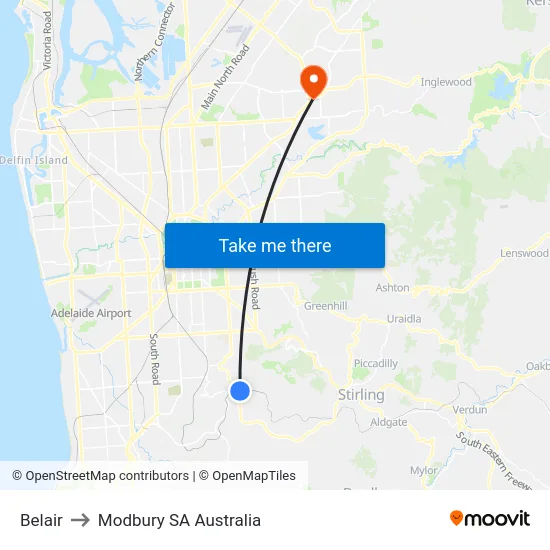 Belair to Modbury SA Australia map