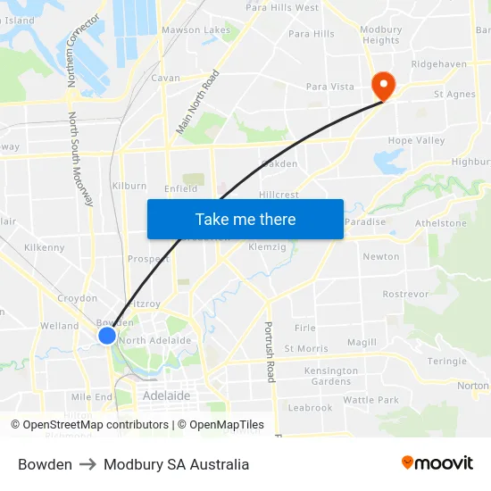 Bowden to Modbury SA Australia map