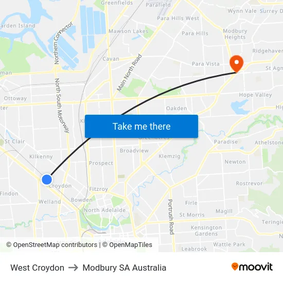 West Croydon to Modbury SA Australia map