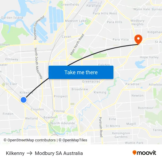 Kilkenny to Modbury SA Australia map