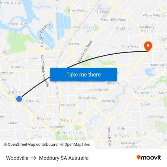 Woodville to Modbury SA Australia map