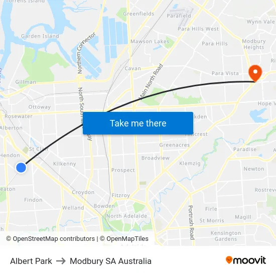 Albert Park to Modbury SA Australia map