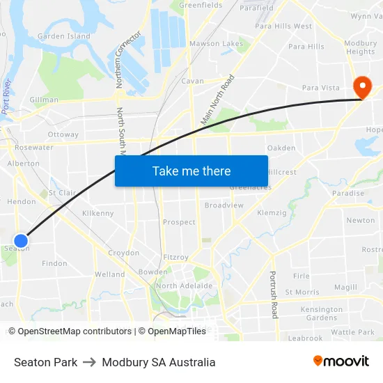 Seaton Park to Modbury SA Australia map
