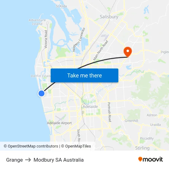 Grange to Modbury SA Australia map