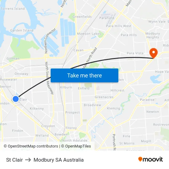 St Clair to Modbury SA Australia map