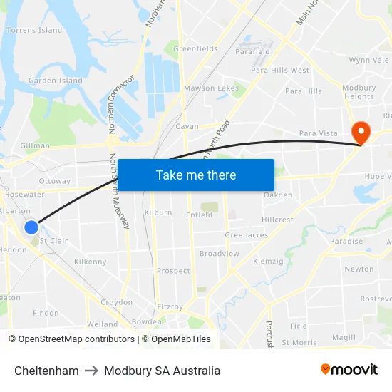 Cheltenham to Modbury SA Australia map