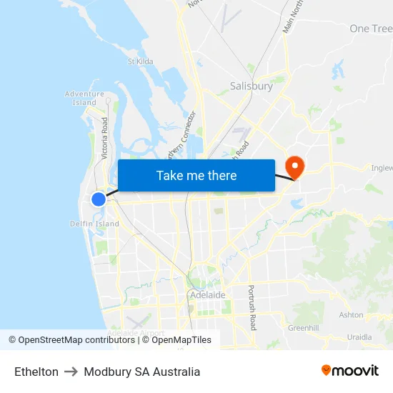 Ethelton to Modbury SA Australia map