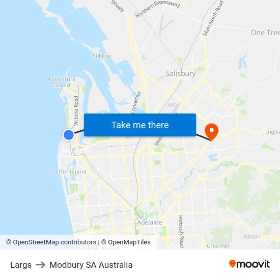 Largs to Modbury SA Australia map