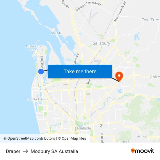 Draper to Modbury SA Australia map