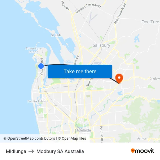 Midlunga to Modbury SA Australia map