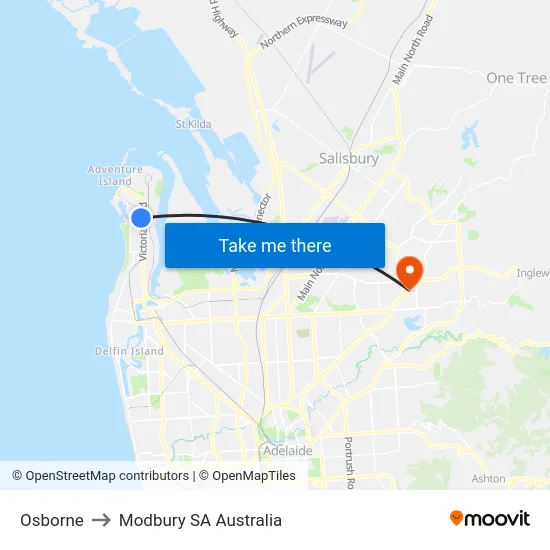 Osborne to Modbury SA Australia map