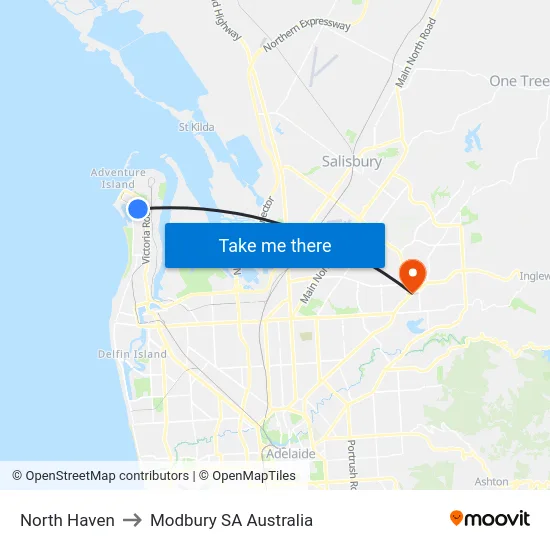 North Haven to Modbury SA Australia map