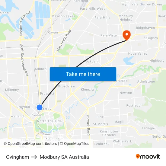 Ovingham to Modbury SA Australia map